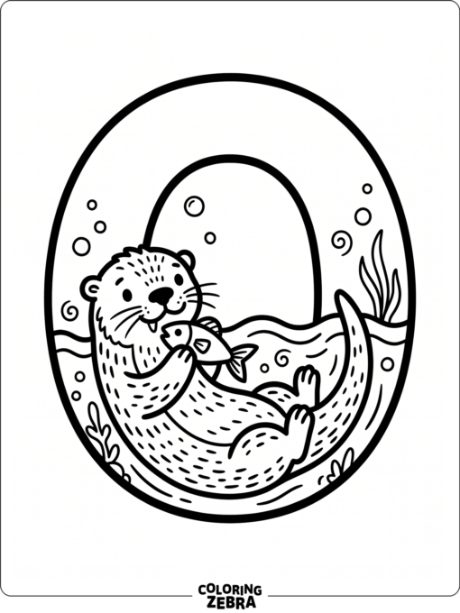 An otter inside the letter O with a fish
