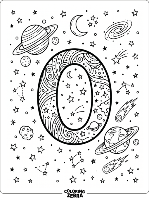 A letter O surrounded by planets and stars