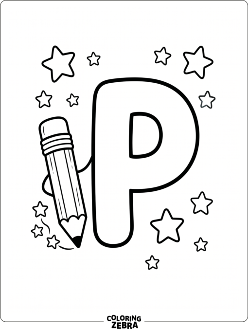 A large P with a pencil and star stickers