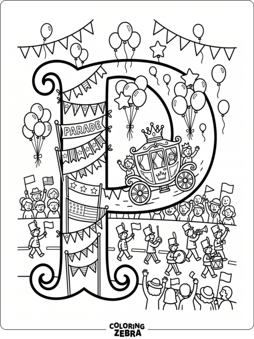 A bold letter P with parade banners, a drum, and small balloons