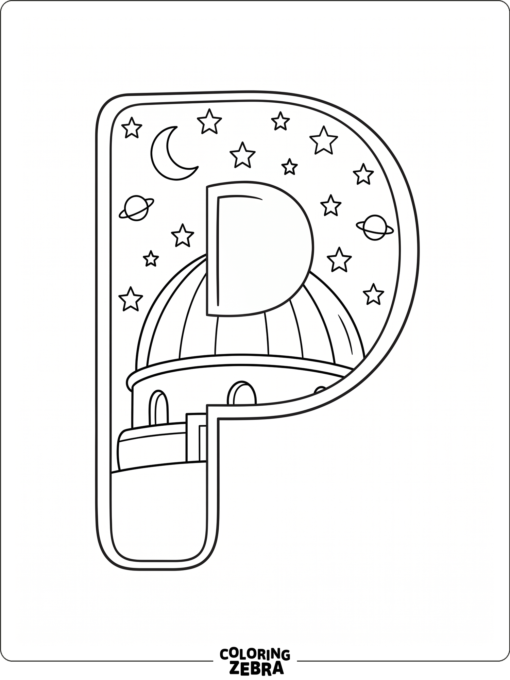 A letter P with a planetarium building and stars
