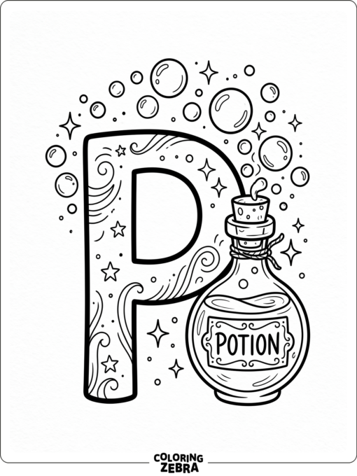 A letter P with a potion bottle and bubbles