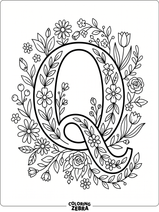 A big letter Q surrounded by simple flowers and leaves