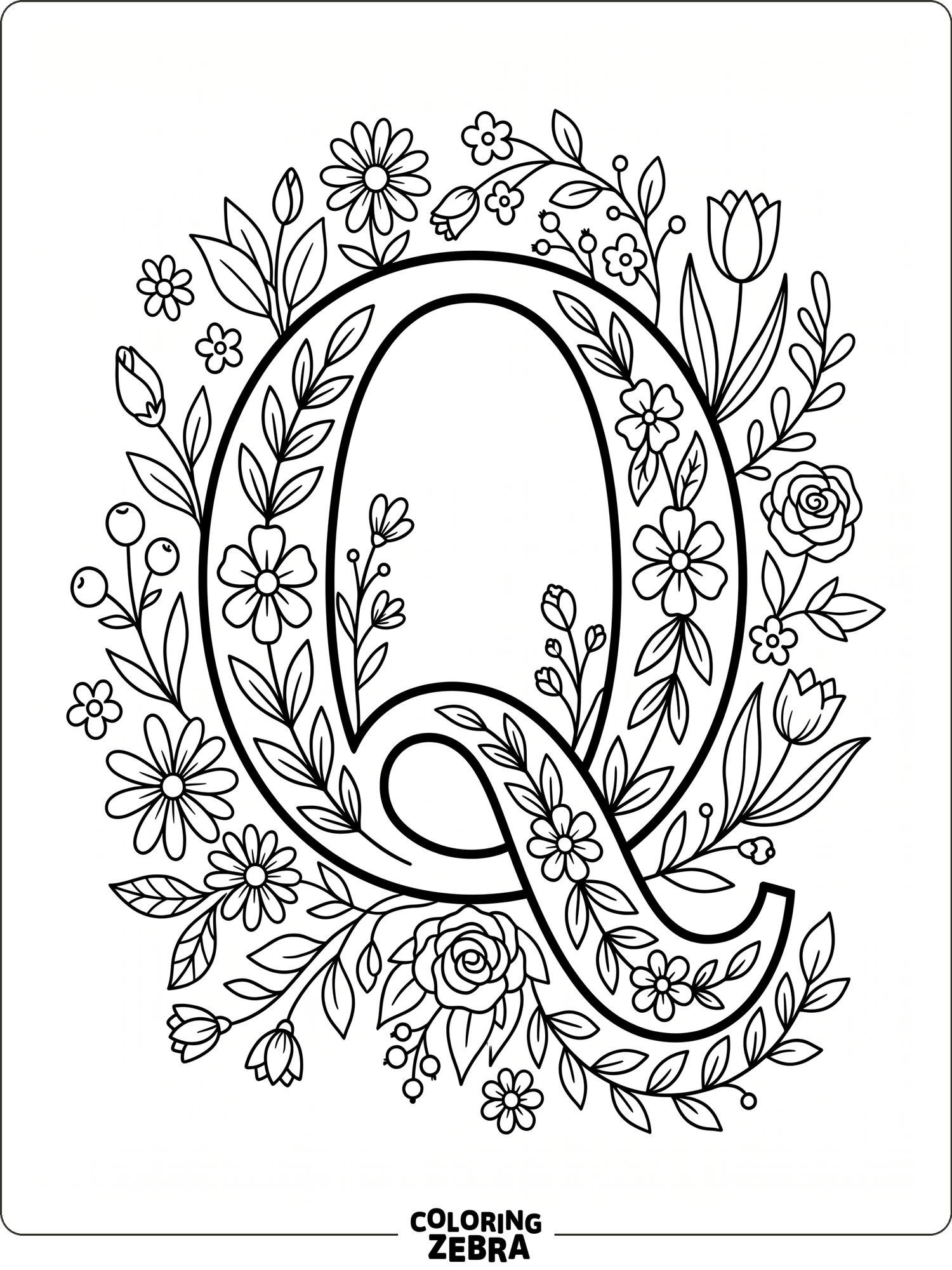 A big letter Q surrounded by simple flowers and leaves