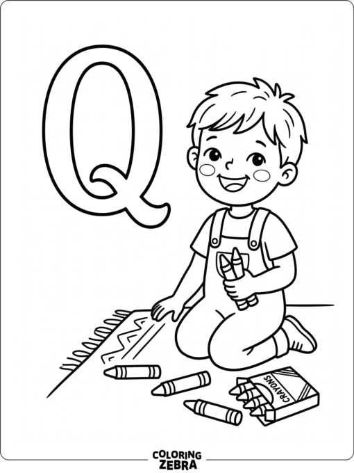 A child coloring a large letter Q