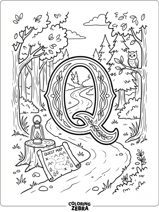 A big Q with a forest path, map, and lantern