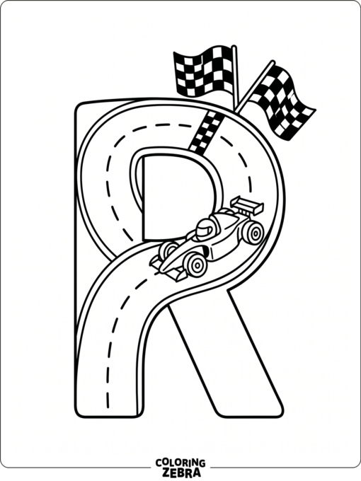 An uppercase R with a racetrack and race car