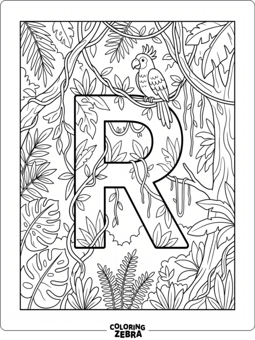 A large letter R surrounded by rainforest leaves and a parrot