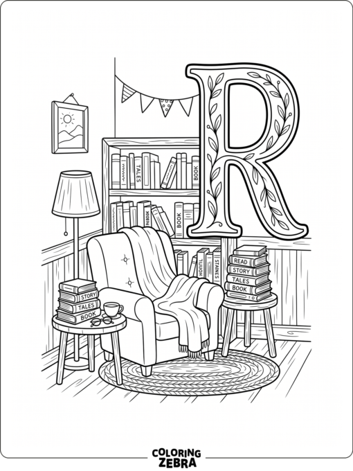 An uppercase R in a cozy reading corner