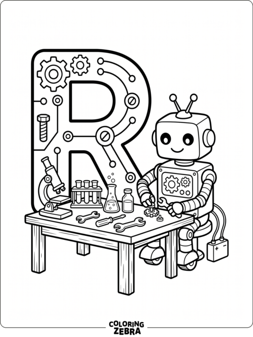 A large letter R with a robot and lab tools