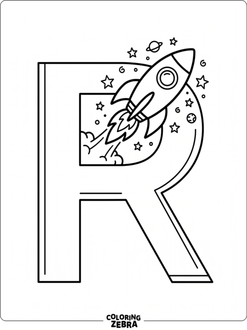 A large letter R with a rocket ship and stars