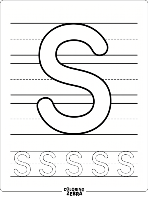 An uppercase S with handwriting practice lines