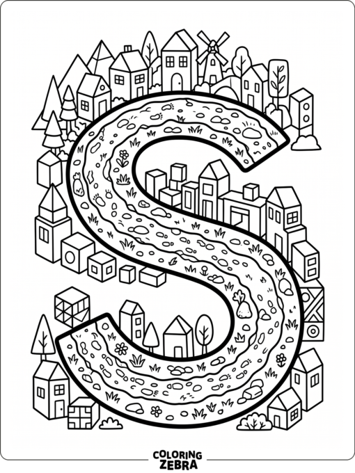 A letter S with a maze path through blocks