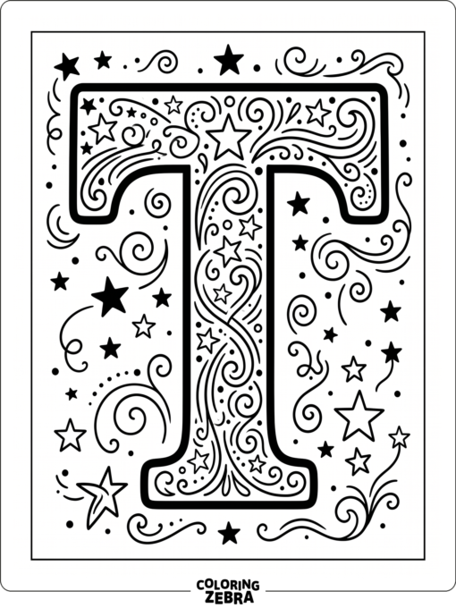 A bold uppercase T with stars and clean swirls