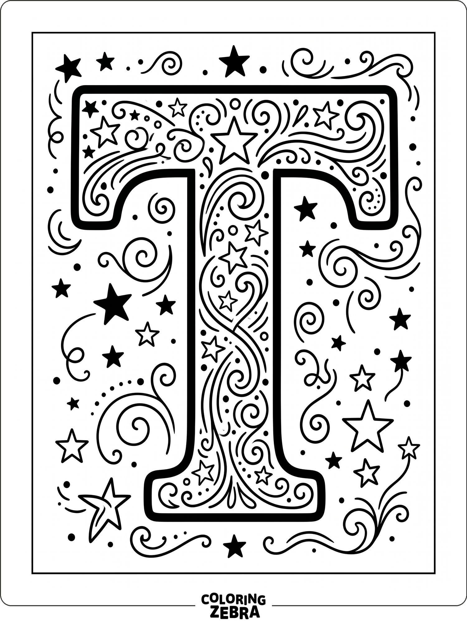 A bold uppercase T with stars and clean swirls