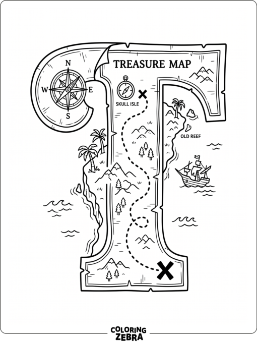 A treasure map beside a large letter T