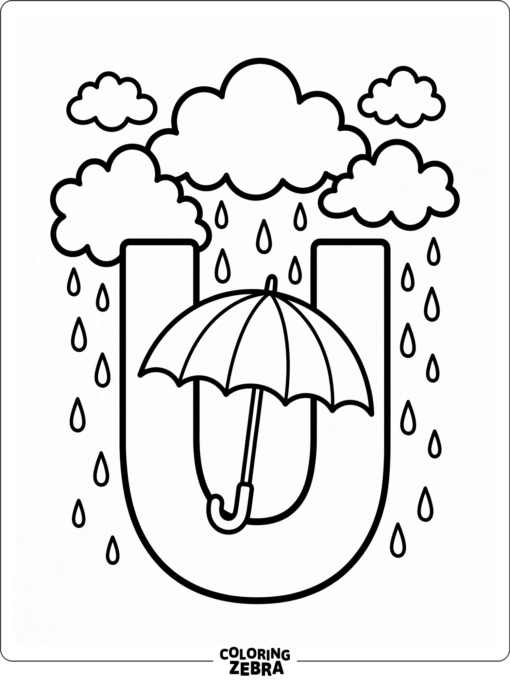A bold letter U with an umbrella and light rain