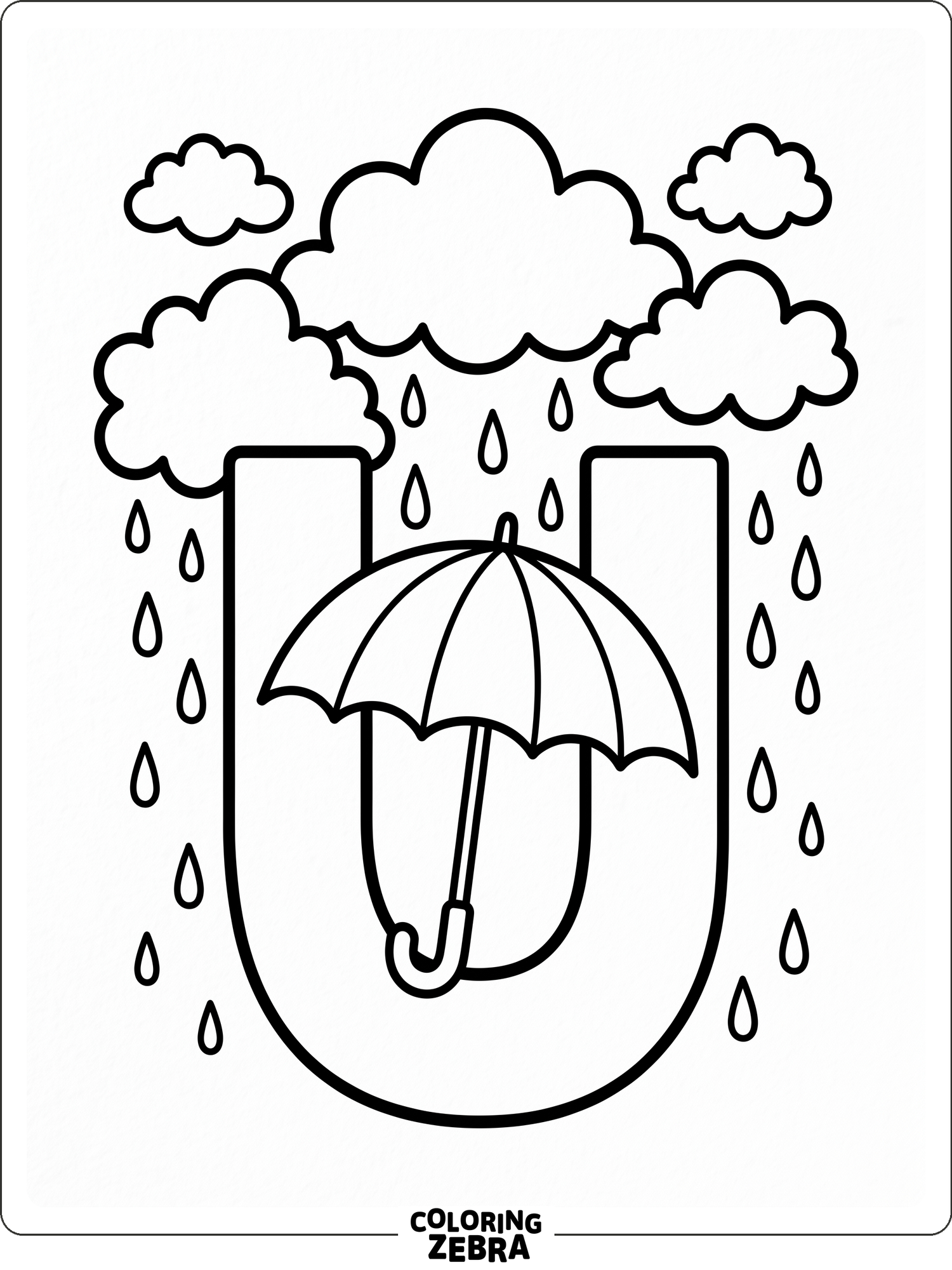 A bold letter U with an umbrella and light rain