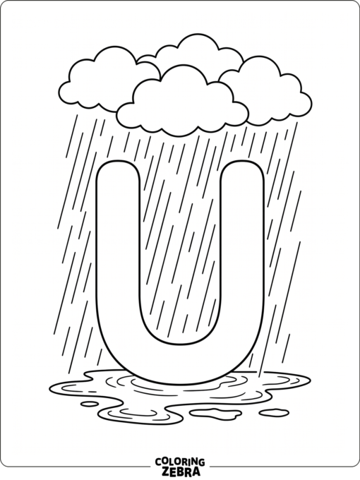 A U with rain clouds and puddles