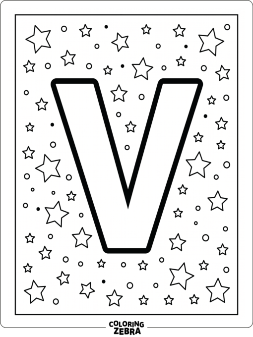 A bold letter V with stars and dots around it