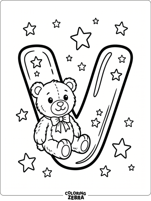 A lowercase v with a teddy bear and stars