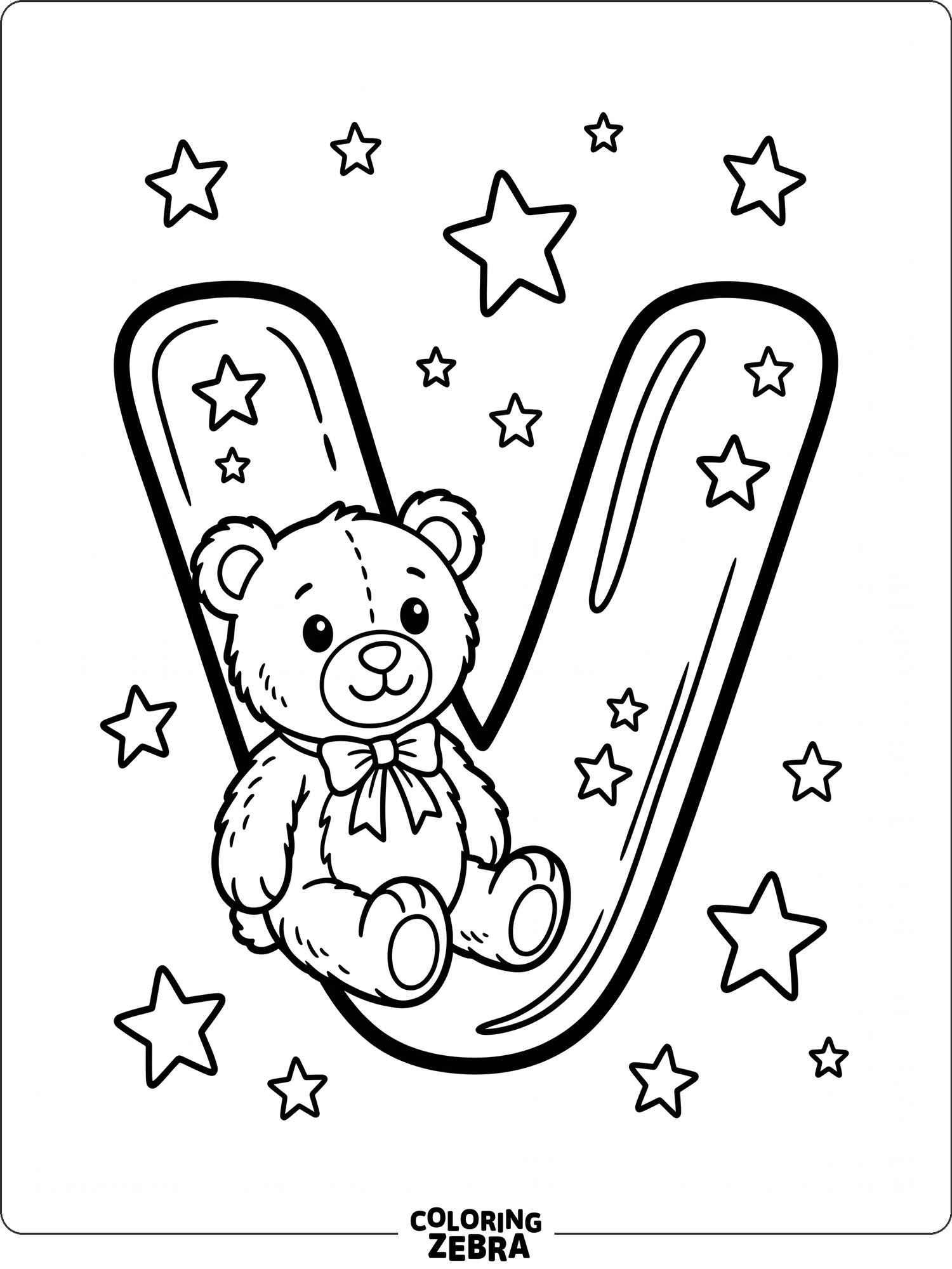 A lowercase v with a teddy bear and stars