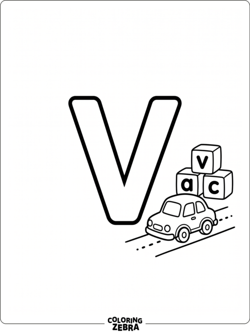 A lowercase v with a toy car and blocks
