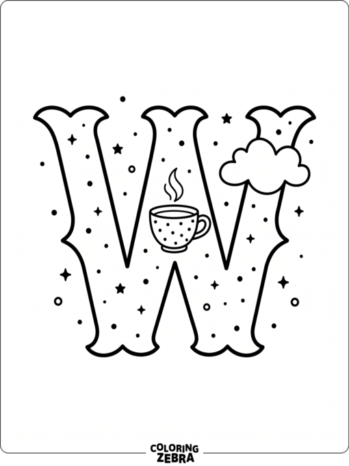 A large W with a cup, cloud, and dots