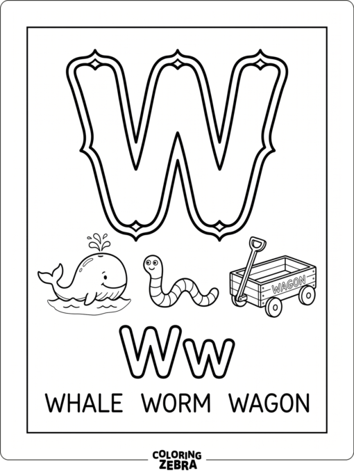 The letter W with whale, worm, and wagon