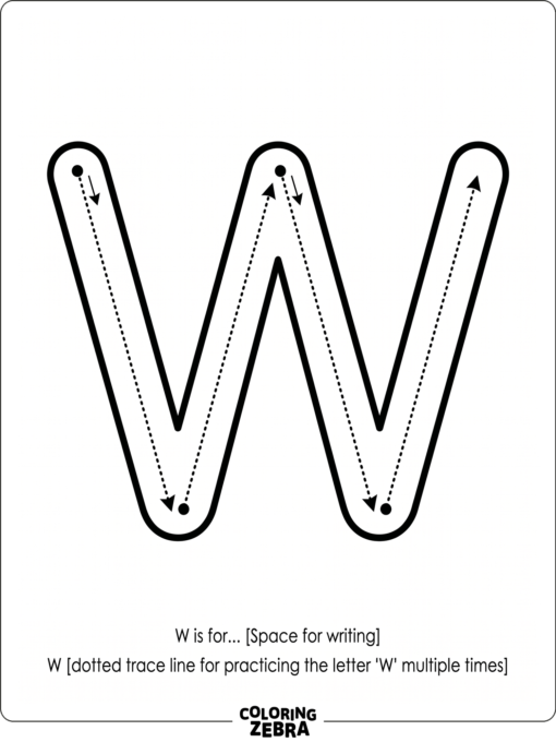 The letter W with dotted tracing lines