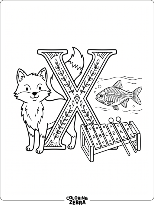 A letter X with a fox, fish, and xylophone
