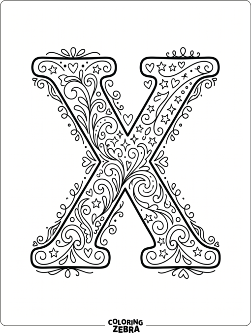 A letter X with stars, swirls, and doodles