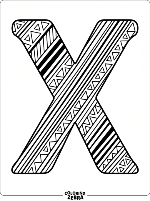 A letter X with stripes and triangle patterns
