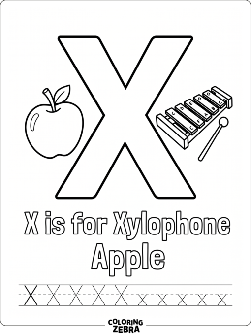 An X with an apple and xylophone for phonics