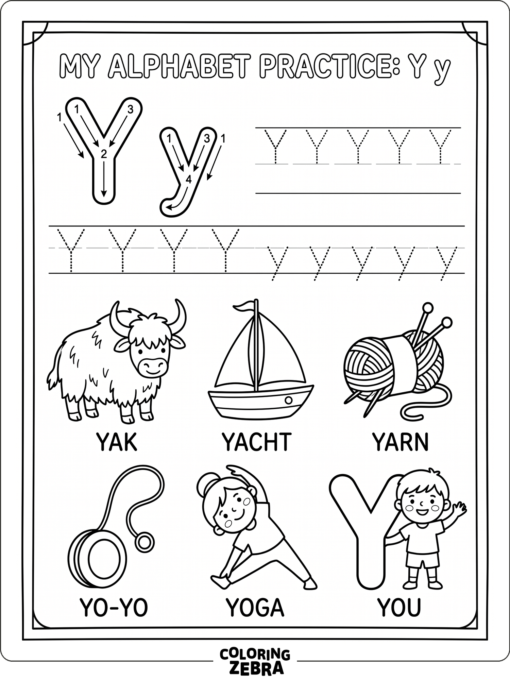 An alphabet practice sheet with Y and y