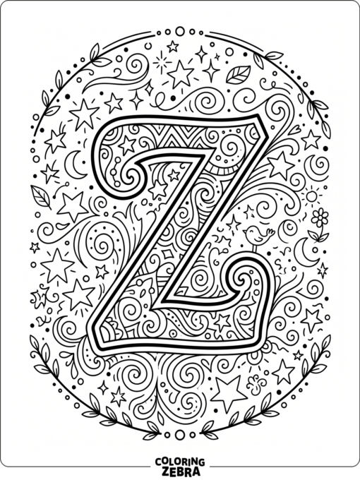 A bold letter Z with stars, swirls, and small doodles