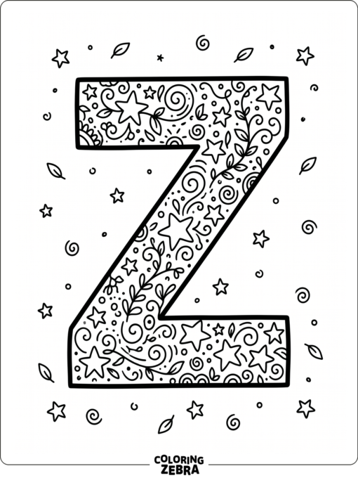 A doodle Z with stars, swirls, and leaves