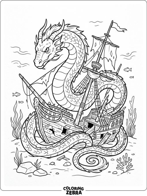 A giant sea serpent near a shipwreck