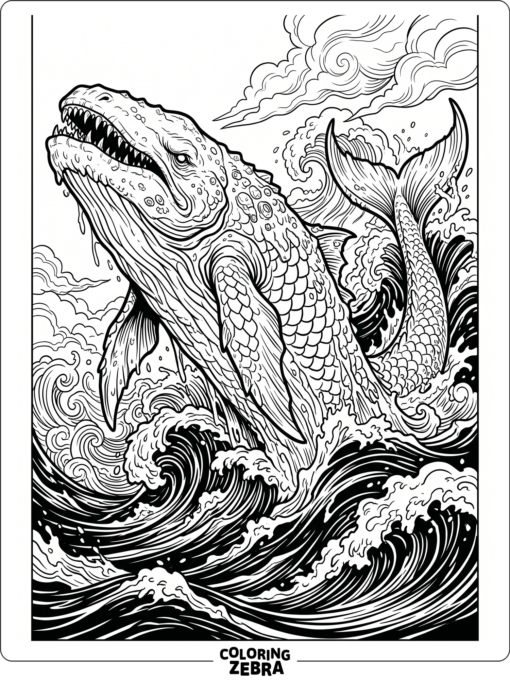 A giant leviathan whale rising from the waves