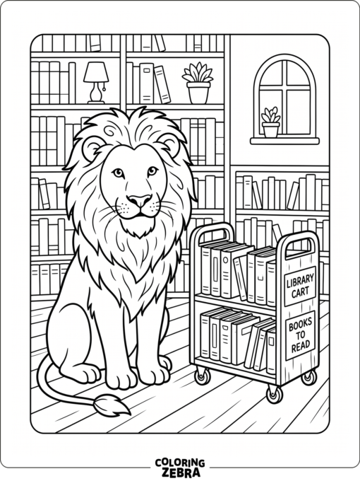 A lion sitting near books in a library