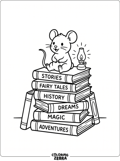 A mouse sitting on books beside a lamp