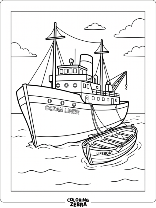 A lifeboat floating beside a larger ship on calm water