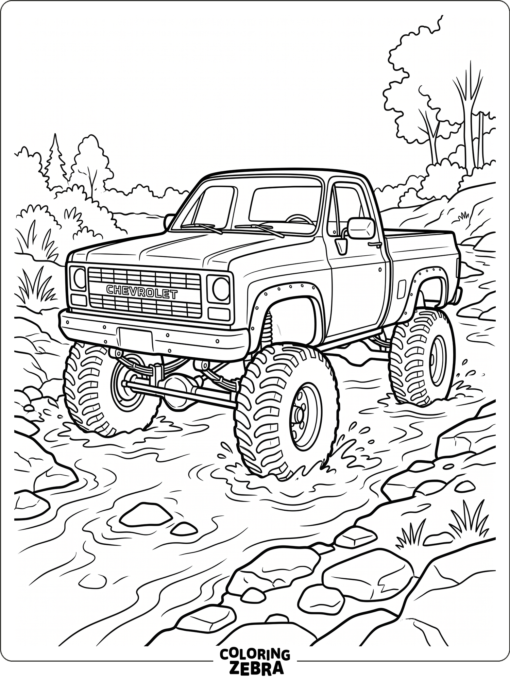 A lifted Chevy truck crossing a creek