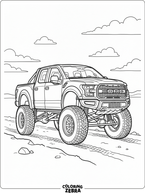 A lifted Ford truck with high suspension