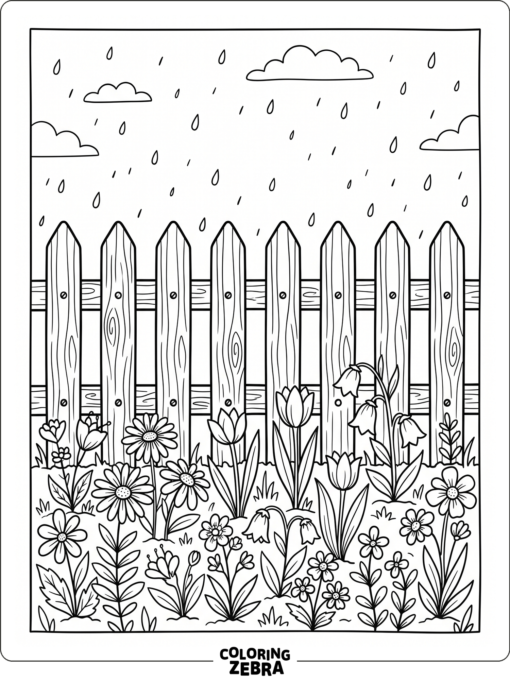 Light rain falls over flowers and a garden fence