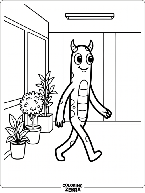 Lime from Rainbow Friends walking through a simple corridor