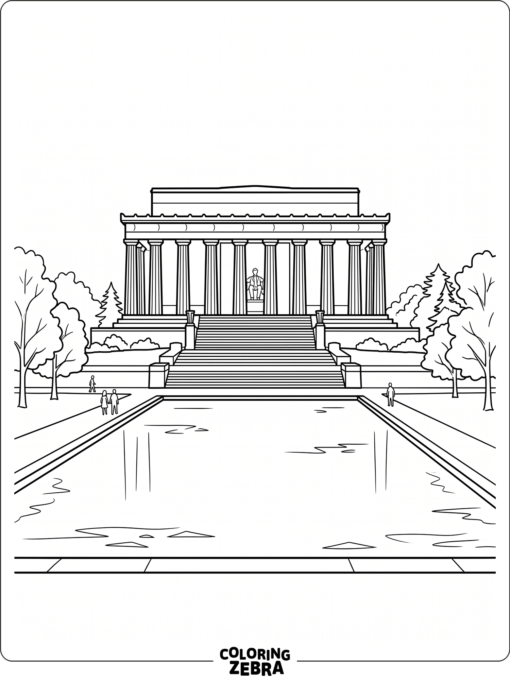 Lincoln Memorial with columns and a calm pool