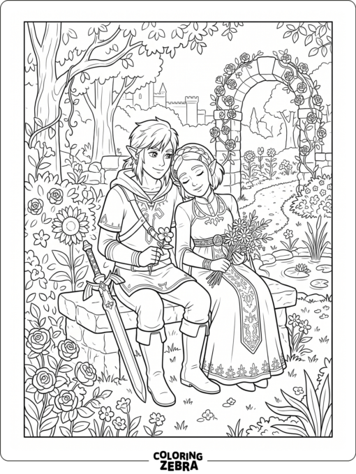 Link and Zelda sharing a quiet moment in a garden