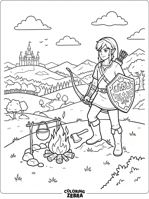 Link with bow and shield by a campfire