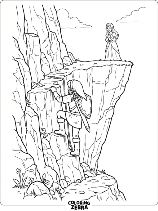 Link climbing a cliff while Zelda watches